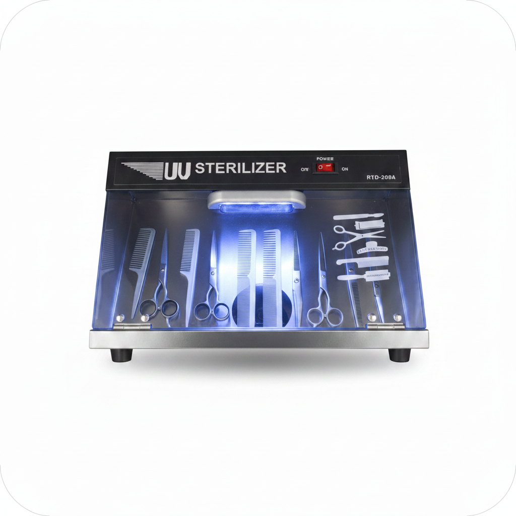 A UV sterilizer machine with a clear front panel showing various metal medical tools inside under blue light. The top panel is black with white text reading 'UV STERILIZER' and small red digital indicators.