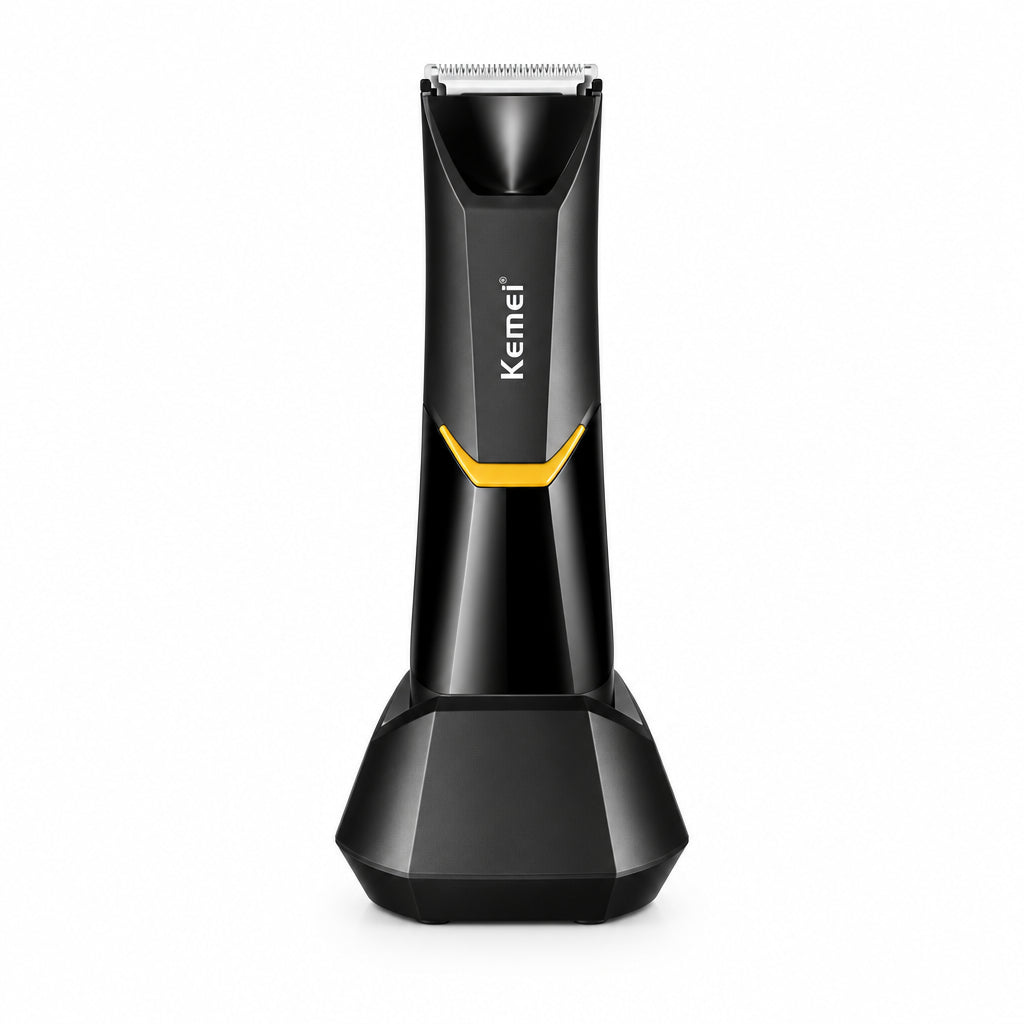 Black and yellow hair trimmer with Kemei branding on a white background