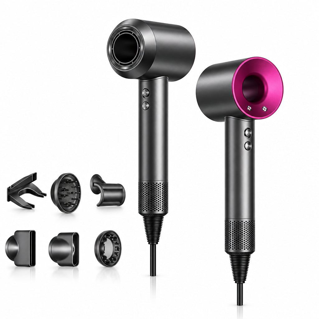Hair dryer with multiple attachments on a white background