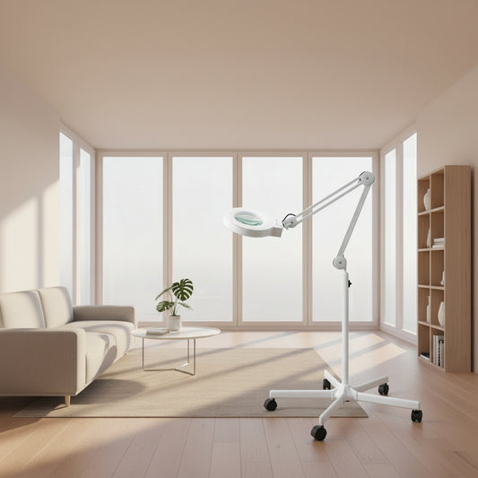 White adjustable stand lamp with a five-star wheeled base and an articulated arm ending in a circular magnifying head, shown on a plain white background.