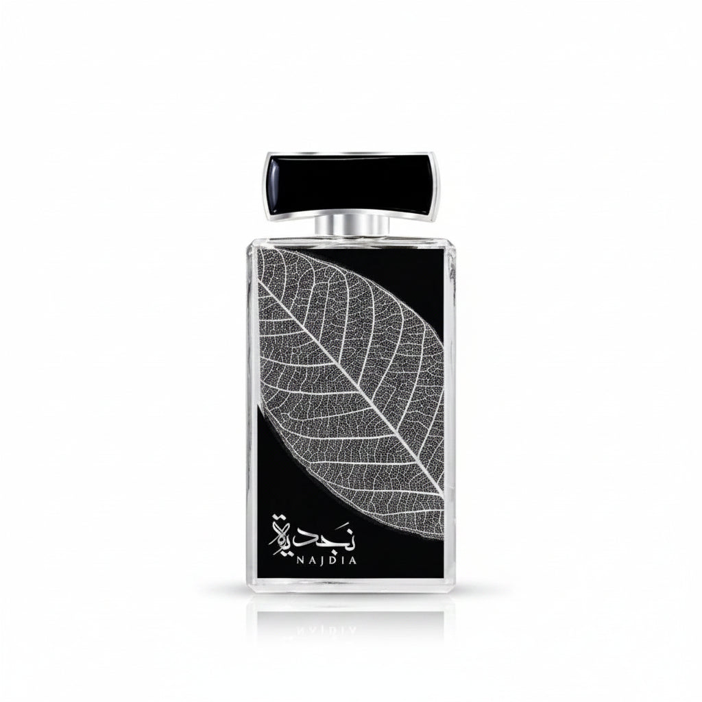 Perfume bottle with leaf design on a white background