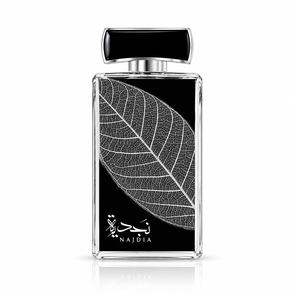 Perfume bottle with leaf design on a white background