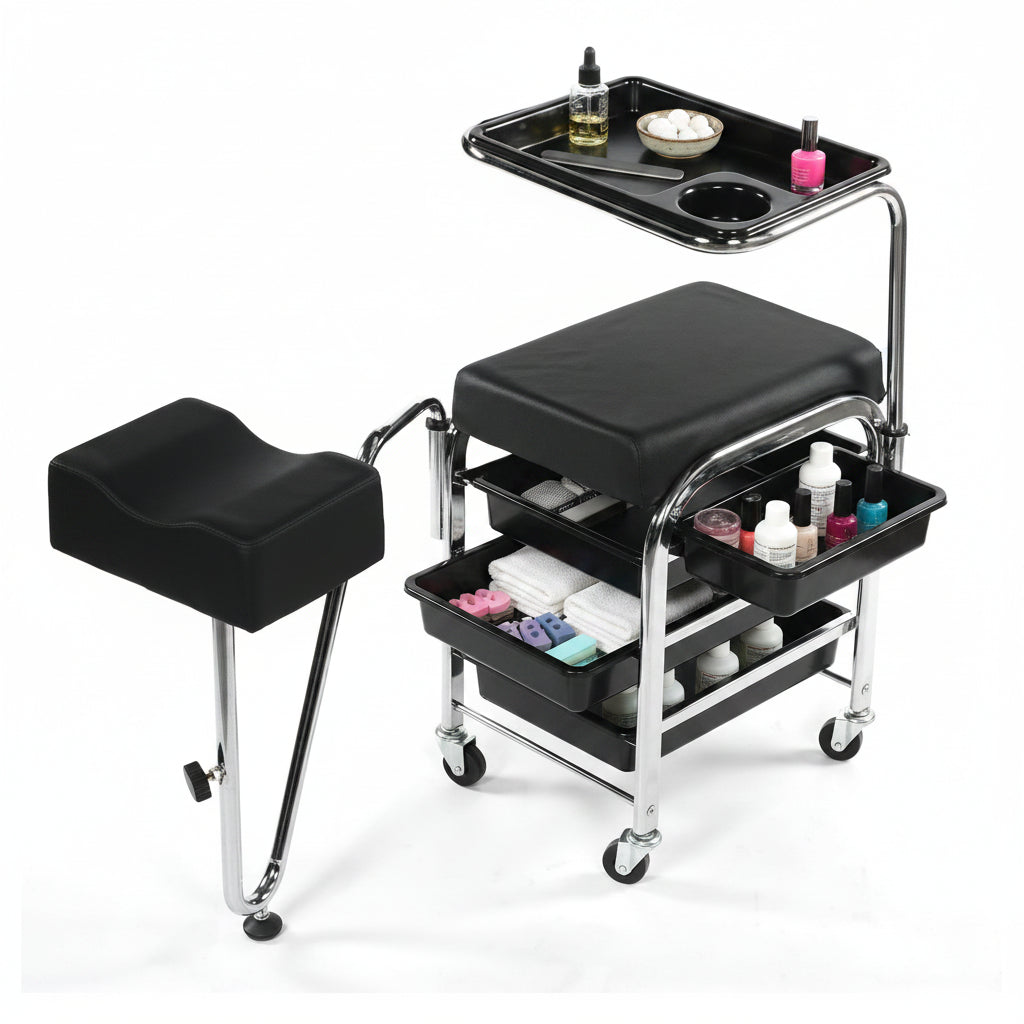 Black and chrome manicure and pedicure cart with a padded stool, three storage drawers, and an overhead tray on wheels, shown on a white background.