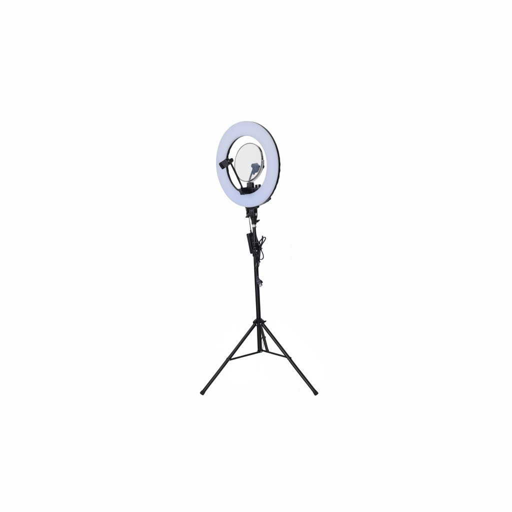 A portable ring light with an adjustable black tripod stand, shown against a plain white background.