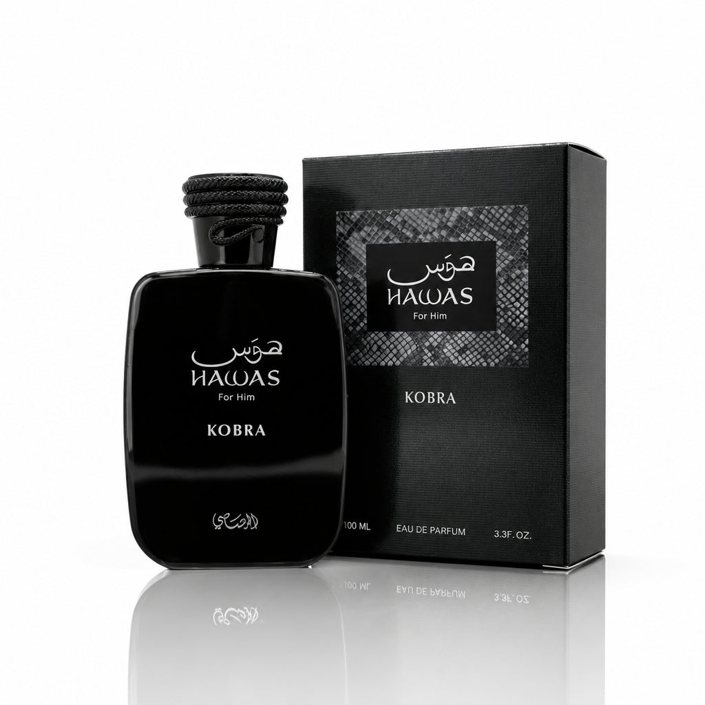 Black perfume bottle and packaging with 'Hailias' branding on a white background