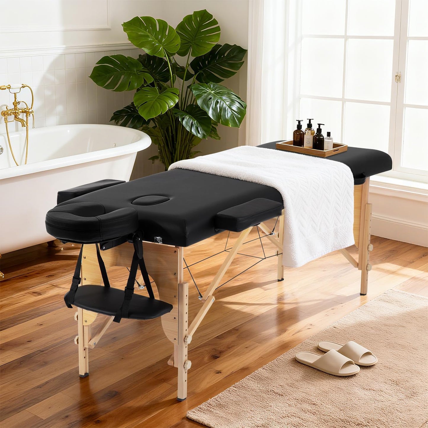 Portable 2-Fold Wooden Massage Table with Stool – Professional Spa & Therapy Bed, Black