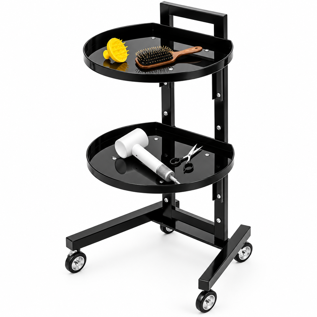A black two-tier rolling cart with a handle and caster wheels, shown on a white background with grooming tools placed on the shelves.