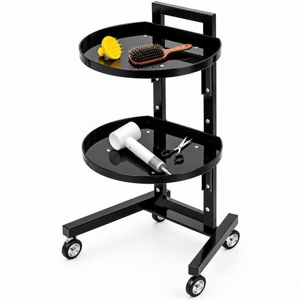 A black two-tier rolling cart with a handle and caster wheels, shown on a white background with grooming tools placed on the shelves.