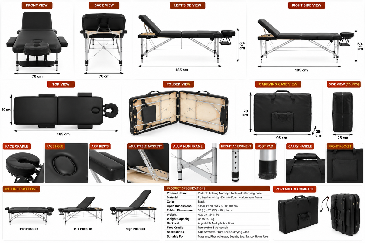 3-Fold Portable Massage Table with Carry Case – Heavy-Duty Aluminum