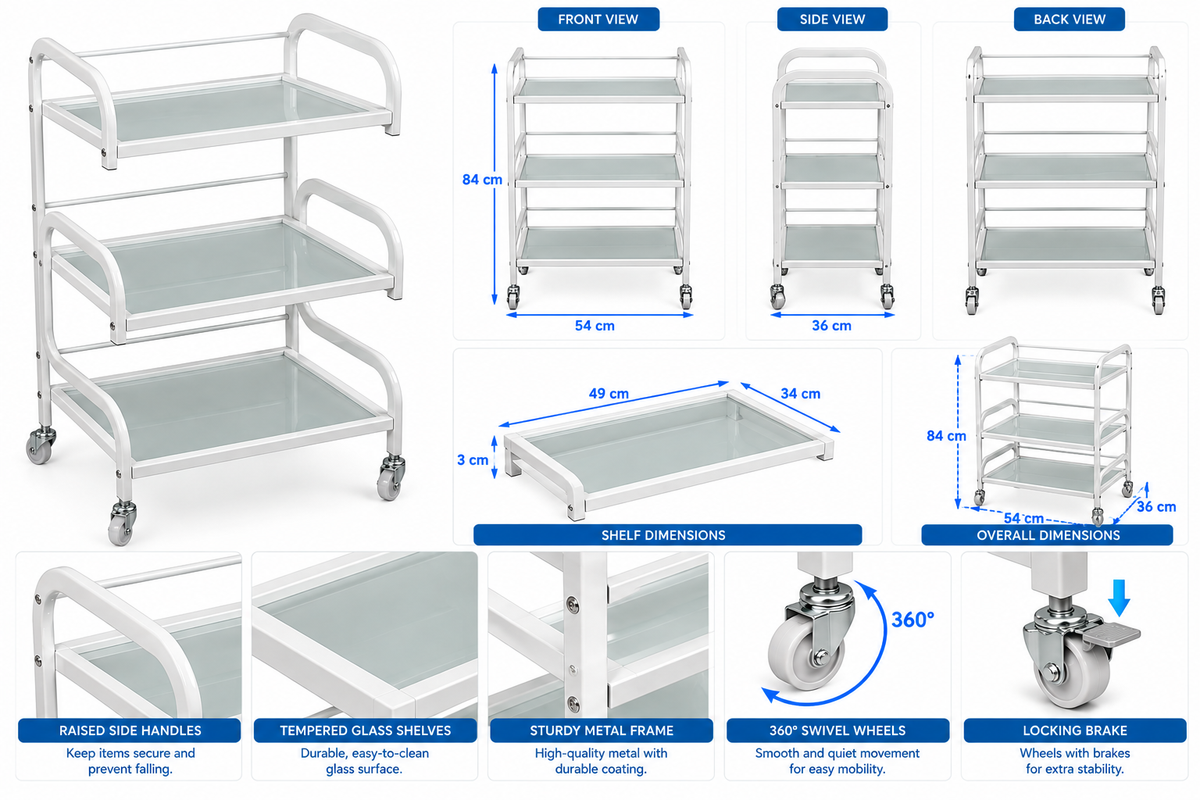 3-Tier Glass Facial Rolling Trolley Cart – Professional Salon &amp; Spa Storage