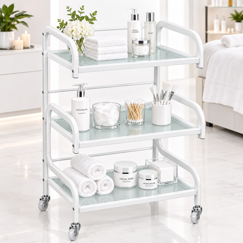 A three-tier rolling utility cart with a white metal frame and frosted glass shelves, shown on a plain white background.