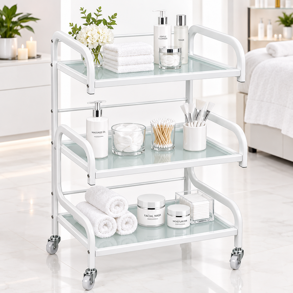 A three-tier rolling utility cart with a white metal frame and frosted glass shelves, shown on a plain white background.