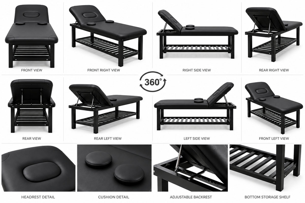 Professional Adjustable Massage & Esthetician Bed with Removable Headrest – Black