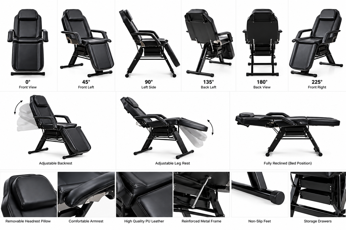 Facial Bed Adjustable Table for Beauty Spa Salon Clinic - black Color