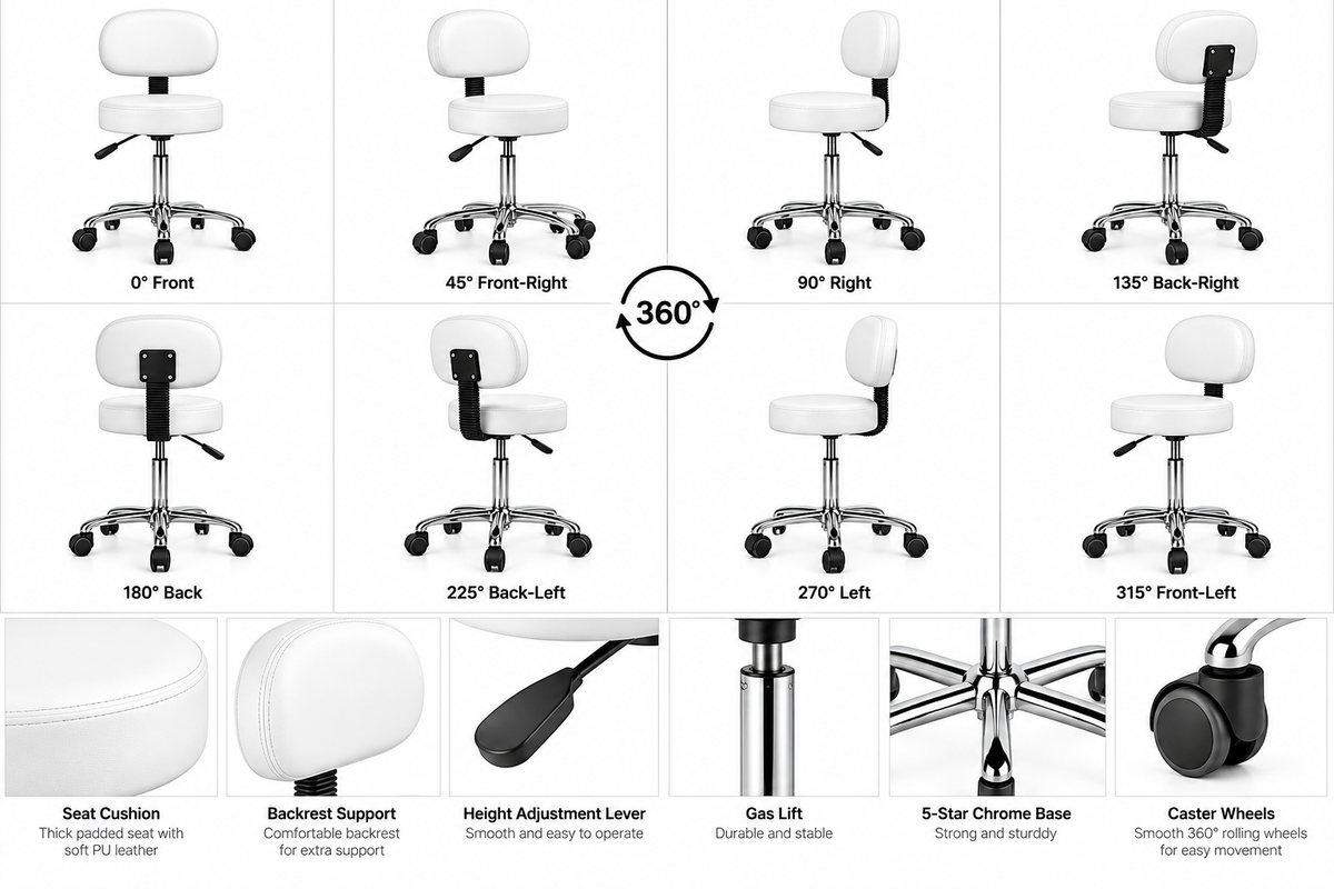 Swivel Spa Massage Stool-Tabouret Adjustable Height Salon with Backrest