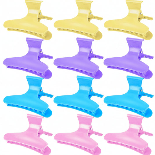 Nine plastic hair claw clips arranged in a 3-by-3 grid on a white background, shown in pastel yellow, purple, blue, and pink.