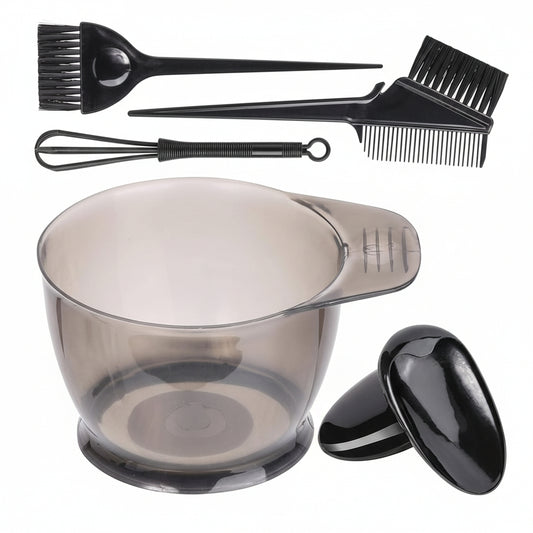 Black hair dye applicator kit including a large translucent mixing bowl, applicator brush, comb, and small mixing whisk, shown on a white background with small inset photos of the tools being used on hair.