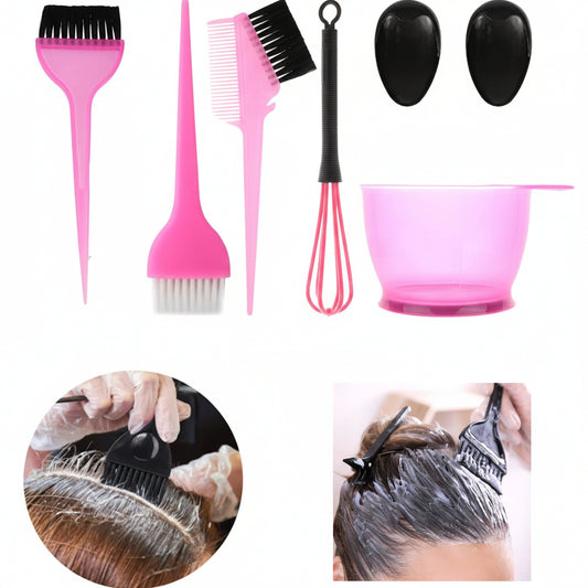 Hair dye application kit with a pink applicator brush, comb, mixing whisk, bowl, and two black caps, plus two small inset photos showing the product being used on hair.