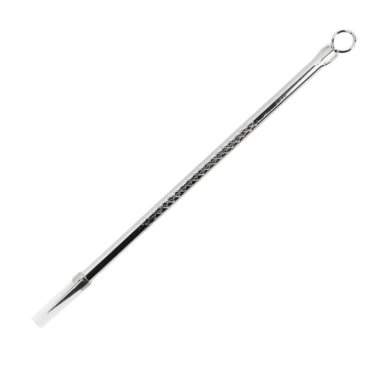 A silver metal double-ended facial skin tool with a textured handle, shown on a white background with two circular inset close-ups demonstrating its use on skin.