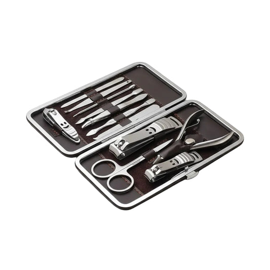 Manicure set with tools in a brown case on a white background