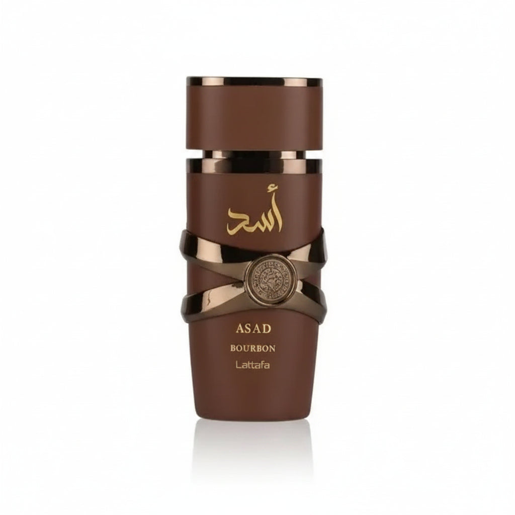 Brown bottle with gold accents on a white background