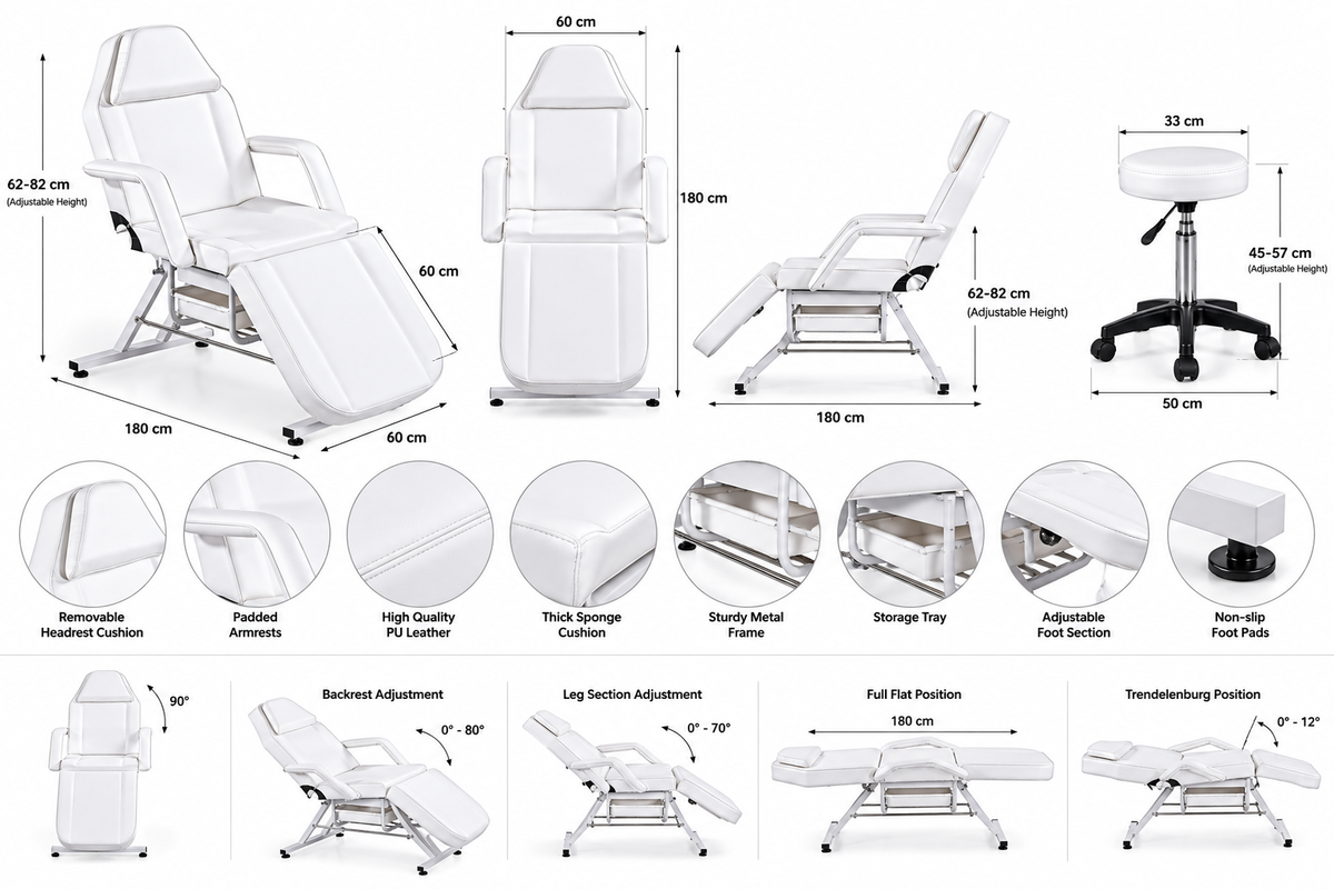 Facial-Massage Salon-Clinic Chair 3-Section Esthetician Bed with Hydraulic Stool