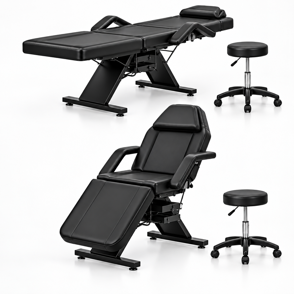 Black adjustable massage or therapy table shown in two positions, with a matching black rolling stool on a clean white background.