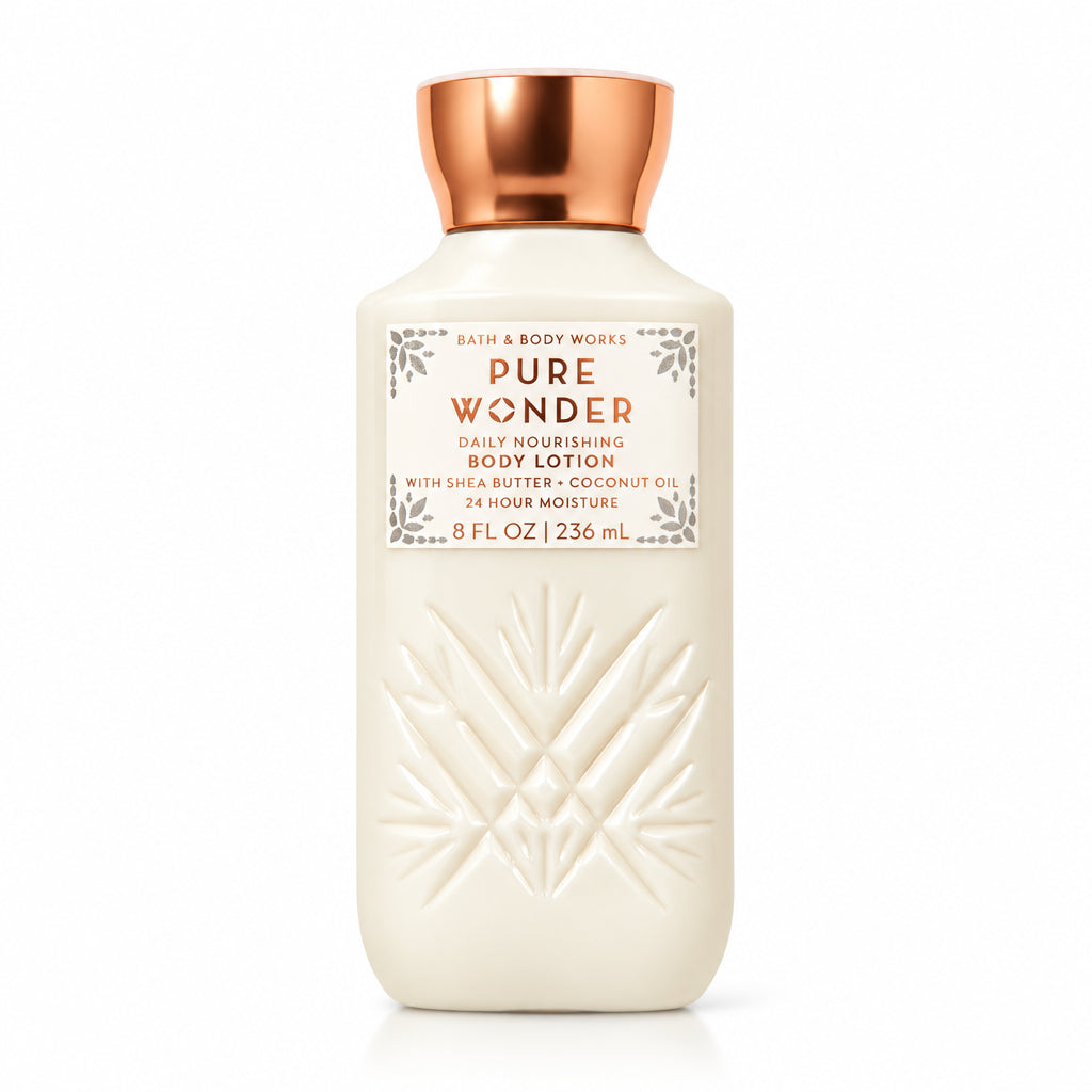Body lotion bottle with a copper cap on a white background
