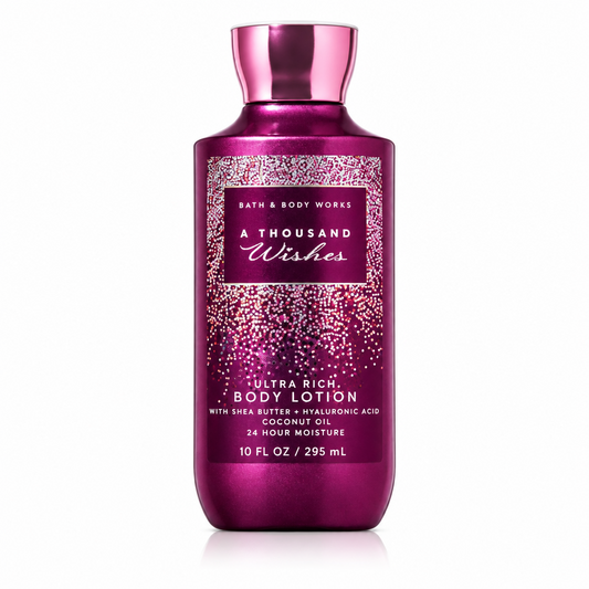 Bath & Body Works bottle of lotion with 'A Thousand Wishes' on a white background