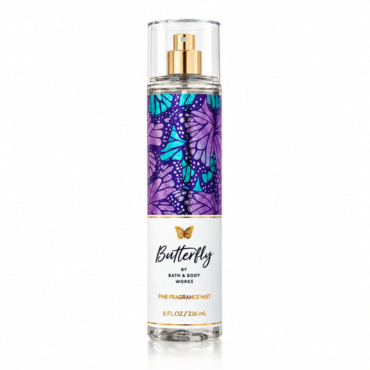 Butterfly-themed fragrance mist bottle on a white background
