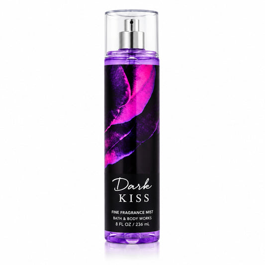 Bath and Body Works Dark Kiss fragrance mist bottle on a white background