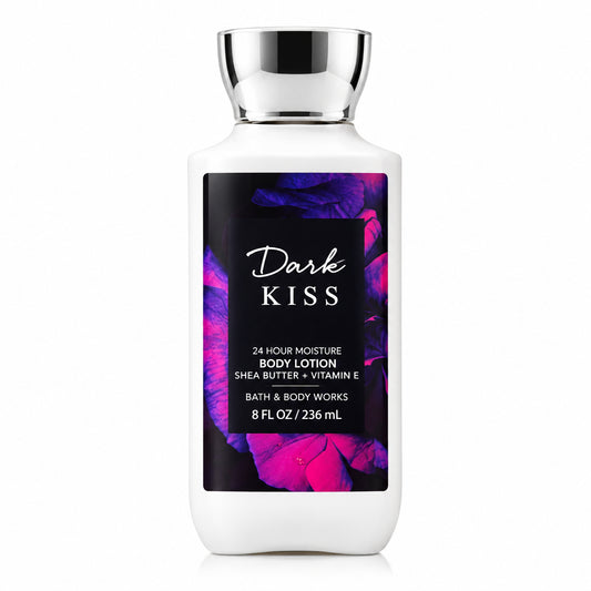 Bottle of Bath & Body Works Dark Kiss body lotion on a white background