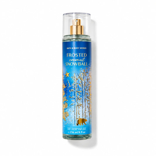 Bath & Body Works Frosted Coconut Snowball fragrance mist bottle on a white background