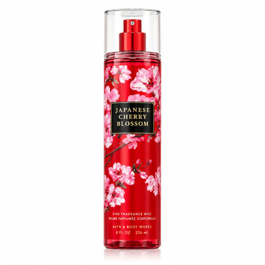 Red fragrance mist bottle with cherry blossom design on a white background