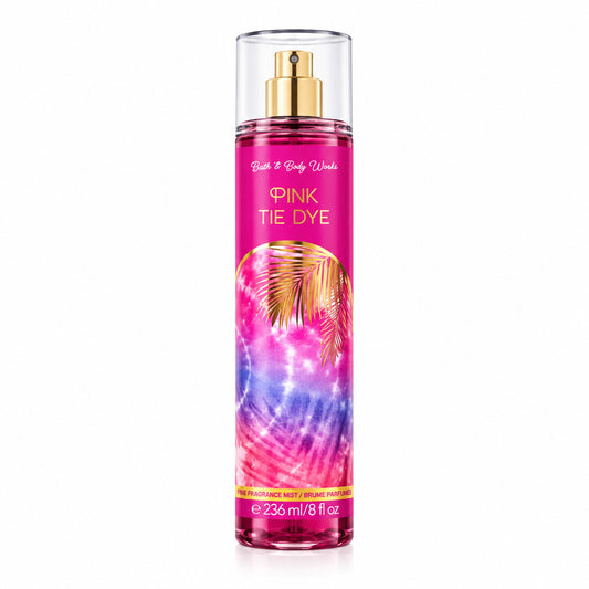 Pink bottle of 'Pink Oleo' body spray with palm leaf design on a white background