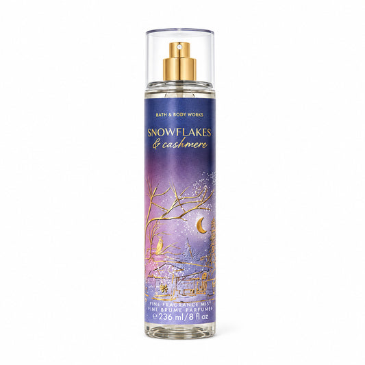 Bath & Body Works Snowflakes & Cashmere spray bottle on a white background