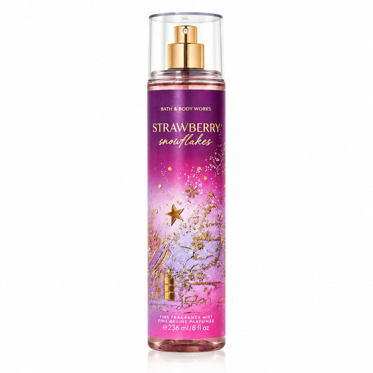 Bath & Body Works Strawberry Snowflakes perfume spray bottle on a white background