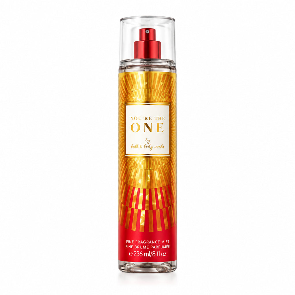 Red fragrance mist bottle with 'You're the One' text on a white background
