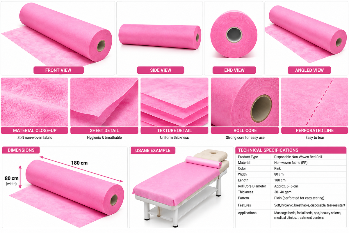 Professional Disposable Non-Woven Roll chariot-Bed Pink 80cm x 180cm-900 Meter