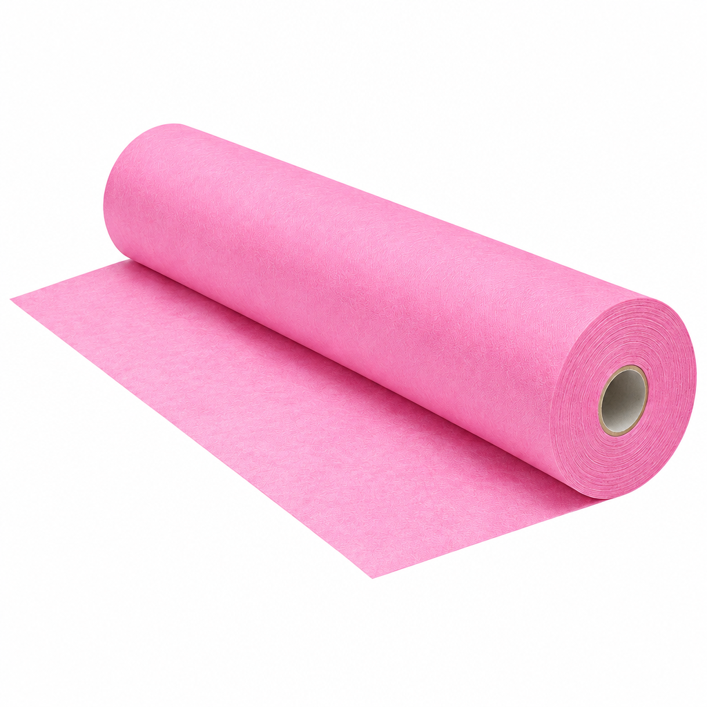 A roll of bright pink fabric or paper, partially unrolled to show its texture, set against a plain white background.