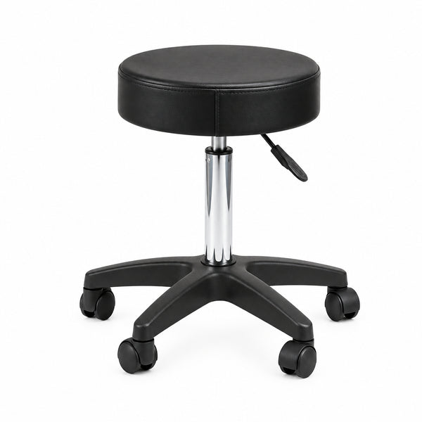 A black circular rolling stool with a padded seat, chrome gas-lift column, and five-wheel base on a white background.
