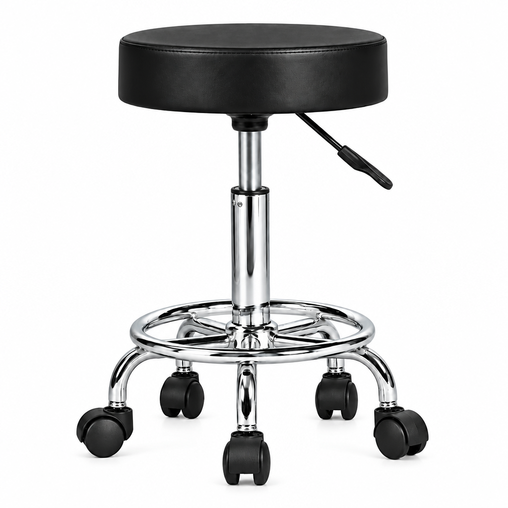 A black faux leather swivel stool with a chrome metal gas lift base, five caster wheels, and a foot ring, shown on a white background.