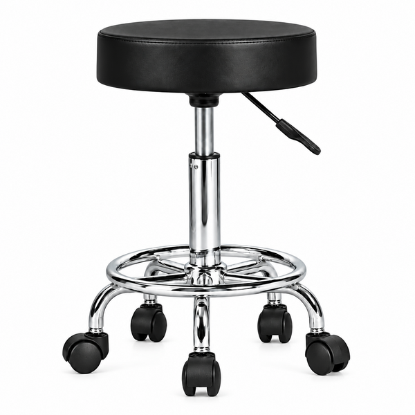 A black faux leather swivel stool with a chrome metal gas lift base, five caster wheels, and a foot ring, shown on a white background.