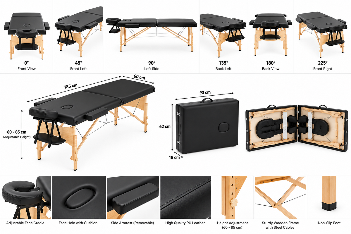 Portable Massage Table – Lightweight Wood Frame with Carry Handle (Black)