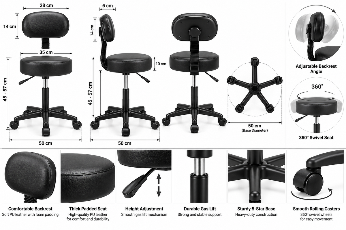 A product infographic showing multiple views of a black swivel office chair with dimension labels, close-up detail shots, and feature callouts such as adjustable backrest angle, 360-degree swivel seat, and comfortable backrest.