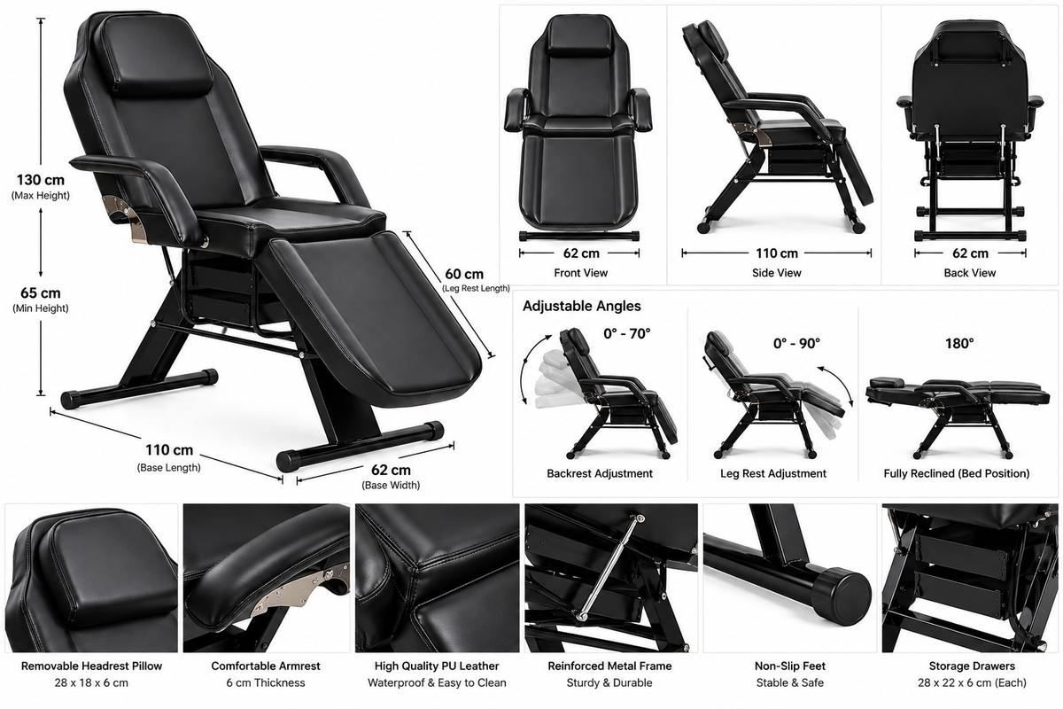 Facial Bed Adjustable Table for Beauty Spa Salon Clinic - black Color