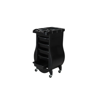 Black plastic salon or spa rolling cart with five drawers, a lower shelf, and cup holders on top, shown on a plain white background.