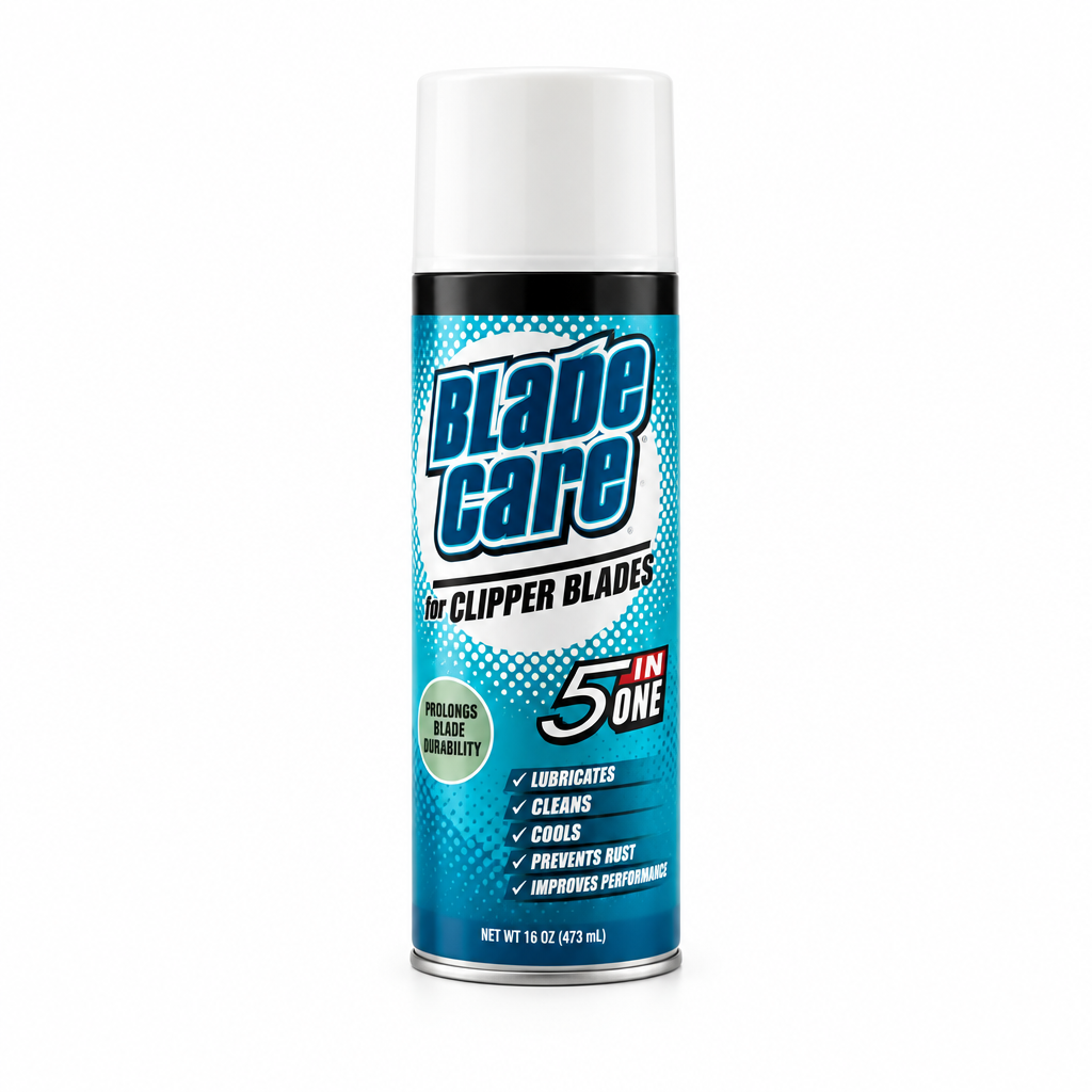 A can of Blade Care No Clipper Blades spray on a plain white background.