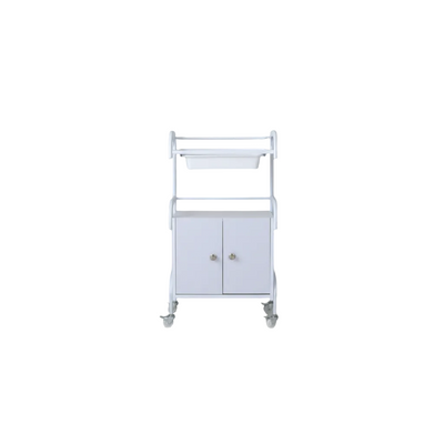 A light gray metal medical or utility cart with two cabinet doors, a top storage shelf, and caster wheels, shown on a plain white background.