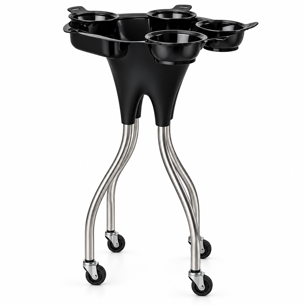 A black plastic and stainless steel rolling food prep station with four legs and caster wheels, shown on a plain white background.
